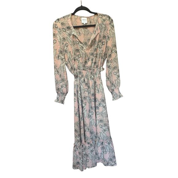 MISA Los Angeles Smocked Waist Maxi Dress Floral Boho Ruffle Hem Size Small - Picture 1 of 6